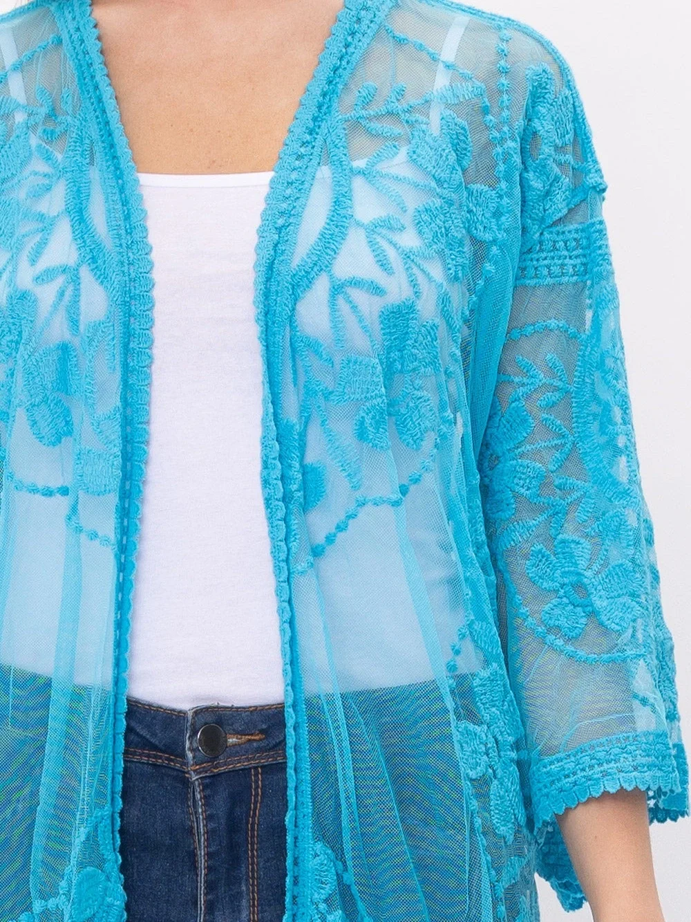 Raj Turquoise Sheer Lace Swim Coverup Kimono